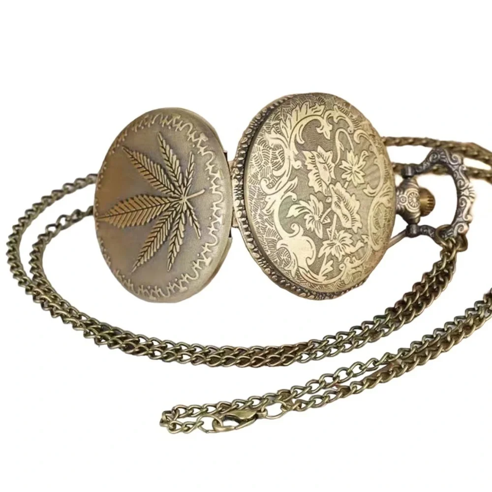 Pocket Watch Bronze Plant Leaf Long Chain Quartz Analog Retro with Gift Pouch